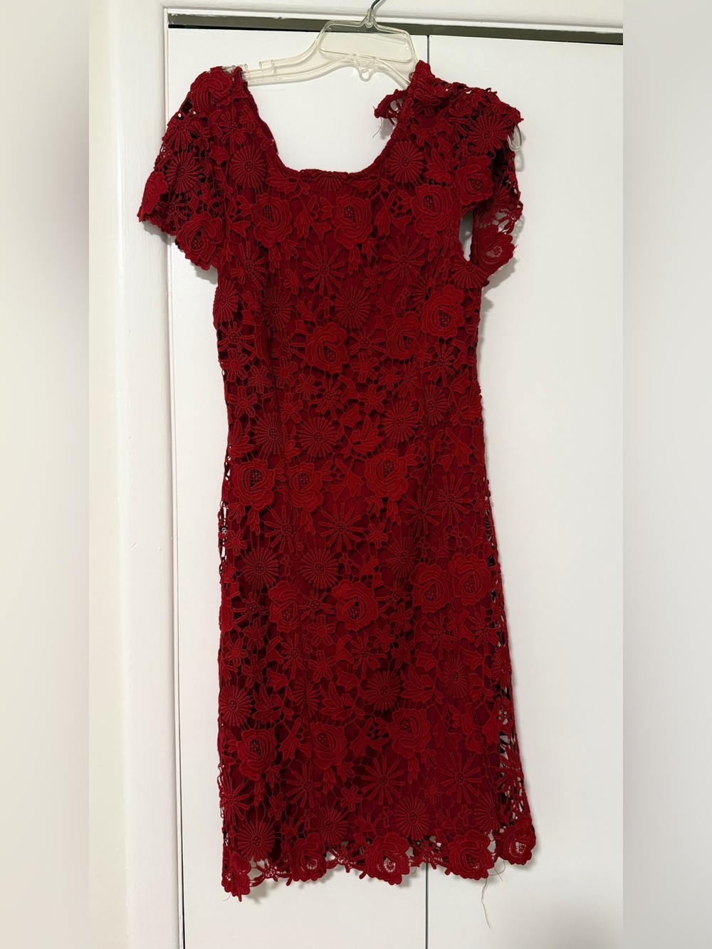 Red Floral Lace Short Sleeve Dress - Women’s Dress lulus Romance language